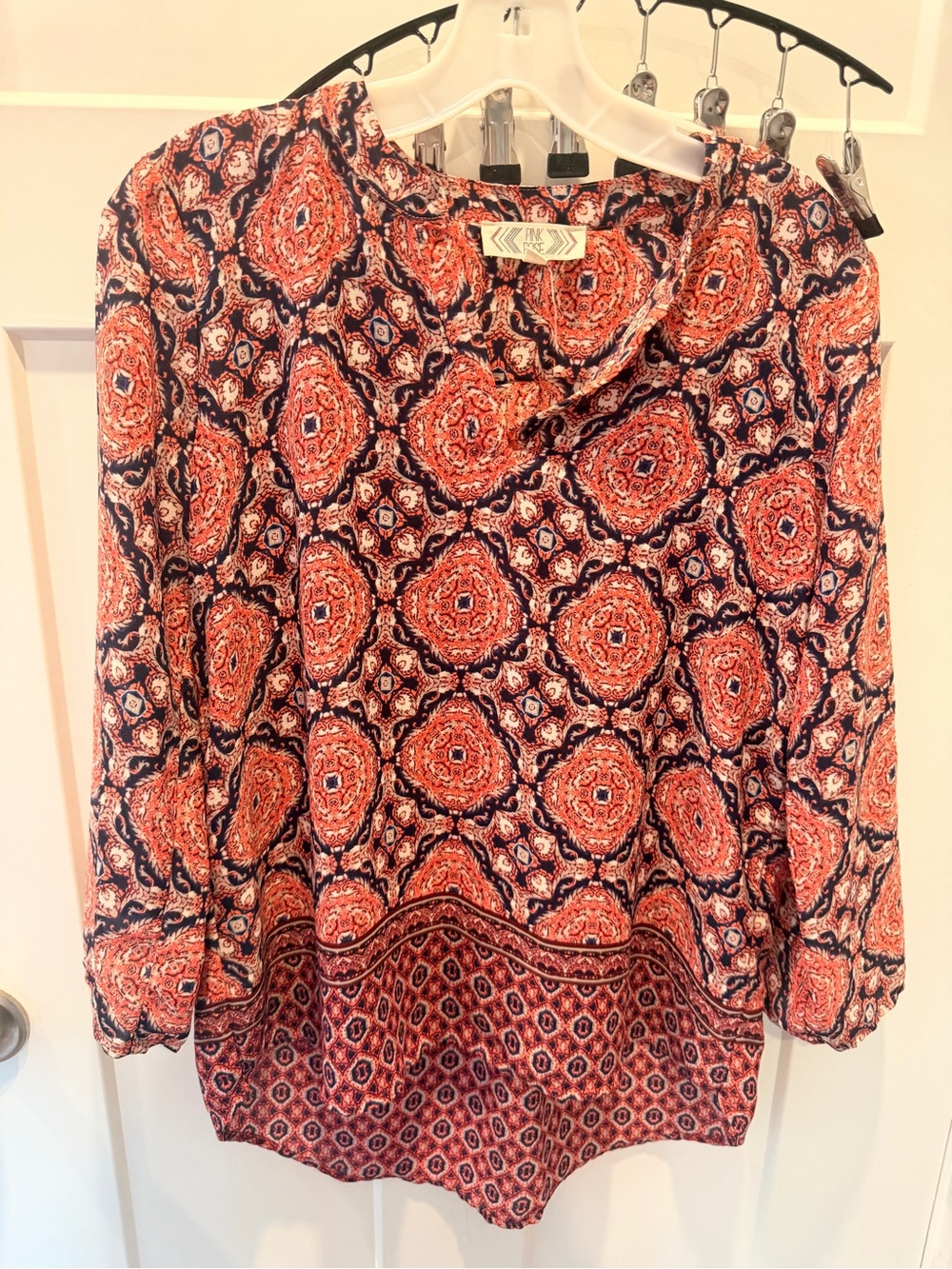 Pink Rose Large Coral Navy Medallion Paisley Border Print Long Sleeve Boho Top